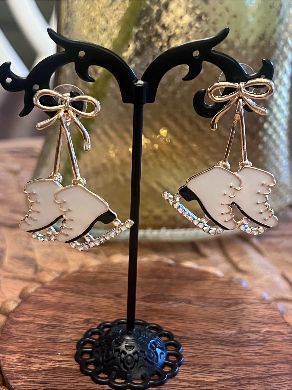 New Bow Ice Skate Dangle Rhinestone Earrings - White and Gold